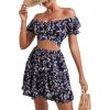 imageLYANER Womens 2 Piece Outfits Floral Off Shoulder Tie Up Crop Top and Mini Skirt SetNavy