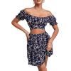 imageLYANER Womens 2 Piece Outfits Floral Off Shoulder Tie Up Crop Top and Mini Skirt SetNavy