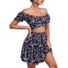 imageLYANER Womens 2 Piece Outfits Floral Off Shoulder Tie Up Crop Top and Mini Skirt SetNavy
