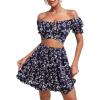 imageLYANER Womens 2 Piece Outfits Floral Off Shoulder Tie Up Crop Top and Mini Skirt SetNavy