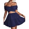imageLYANER Womens 2 Piece Outfits Floral Off Shoulder Tie Up Crop Top and Mini Skirt SetNavy Blue