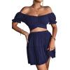 imageLYANER Womens 2 Piece Outfits Floral Off Shoulder Tie Up Crop Top and Mini Skirt SetNavy Blue