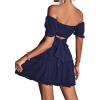imageLYANER Womens 2 Piece Outfits Floral Off Shoulder Tie Up Crop Top and Mini Skirt SetNavy Blue