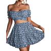 imageLYANER Womens 2 Piece Outfits Floral Off Shoulder Tie Up Crop Top and Mini Skirt SetNavy White