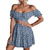 imageLYANER Womens 2 Piece Outfits Floral Off Shoulder Tie Up Crop Top and Mini Skirt SetNavy White