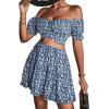imageLYANER Womens 2 Piece Outfits Floral Off Shoulder Tie Up Crop Top and Mini Skirt SetNavy White