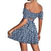 imageLYANER Womens 2 Piece Outfits Floral Off Shoulder Tie Up Crop Top and Mini Skirt SetNavy White
