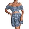 imageLYANER Womens 2 Piece Outfits Floral Off Shoulder Tie Up Crop Top and Mini Skirt SetNavy White