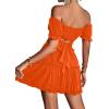 imageLYANER Womens 2 Piece Outfits Floral Off Shoulder Tie Up Crop Top and Mini Skirt SetOrange