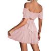 imageLYANER Womens 2 Piece Outfits Floral Off Shoulder Tie Up Crop Top and Mini Skirt SetPink