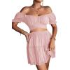 imageLYANER Womens 2 Piece Outfits Floral Off Shoulder Tie Up Crop Top and Mini Skirt SetPink