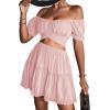 imageLYANER Womens 2 Piece Outfits Floral Off Shoulder Tie Up Crop Top and Mini Skirt SetPink