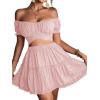 imageLYANER Womens 2 Piece Outfits Floral Off Shoulder Tie Up Crop Top and Mini Skirt SetPink