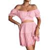 imageLYANER Womens 2 Piece Outfits Floral Off Shoulder Tie Up Crop Top and Mini Skirt SetPink Floral