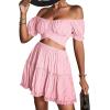 imageLYANER Womens 2 Piece Outfits Floral Off Shoulder Tie Up Crop Top and Mini Skirt SetPink Floral