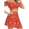 imageLYANER Womens 2 Piece Outfits Floral Off Shoulder Tie Up Crop Top and Mini Skirt SetRed