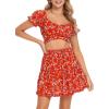 imageLYANER Womens 2 Piece Outfits Floral Off Shoulder Tie Up Crop Top and Mini Skirt SetRed