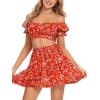 imageLYANER Womens 2 Piece Outfits Floral Off Shoulder Tie Up Crop Top and Mini Skirt SetRed