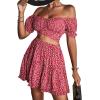 imageLYANER Womens 2 Piece Outfits Floral Off Shoulder Tie Up Crop Top and Mini Skirt SetRose Floral