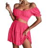 imageLYANER Womens 2 Piece Outfits Floral Off Shoulder Tie Up Crop Top and Mini Skirt SetRose Red