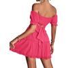 imageLYANER Womens 2 Piece Outfits Floral Off Shoulder Tie Up Crop Top and Mini Skirt SetRose Red