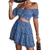 imageLYANER Womens 2 Piece Outfits Floral Off Shoulder Tie Up Crop Top and Mini Skirt SetRoyal Blue Floral