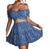 imageLYANER Womens 2 Piece Outfits Floral Off Shoulder Tie Up Crop Top and Mini Skirt SetRoyal Blue Floral