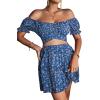 imageLYANER Womens 2 Piece Outfits Floral Off Shoulder Tie Up Crop Top and Mini Skirt SetRoyal Blue Floral