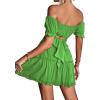 imageLYANER Womens 2 Piece Outfits Floral Off Shoulder Tie Up Crop Top and Mini Skirt SetSolid Green