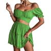 imageLYANER Womens 2 Piece Outfits Floral Off Shoulder Tie Up Crop Top and Mini Skirt SetSolid Green