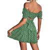 imageLYANER Womens 2 Piece Outfits Floral Off Shoulder Tie Up Crop Top and Mini Skirt SetTeal