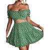 imageLYANER Womens 2 Piece Outfits Floral Off Shoulder Tie Up Crop Top and Mini Skirt SetTeal