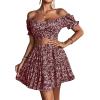 imageLYANER Womens 2 Piece Outfits Floral Off Shoulder Tie Up Crop Top and Mini Skirt SetWine Red Floral