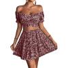 imageLYANER Womens 2 Piece Outfits Floral Off Shoulder Tie Up Crop Top and Mini Skirt SetWine Red Floral
