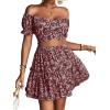 imageLYANER Womens 2 Piece Outfits Floral Off Shoulder Tie Up Crop Top and Mini Skirt SetWine Red Floral
