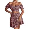 imageLYANER Womens 2 Piece Outfits Floral Off Shoulder Tie Up Crop Top and Mini Skirt SetWine Red Floral