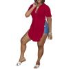 imageLYANER Womens Collar V Neck Button Down Slit Hem Short Sleeve Blouse Long Shirt TopBurgundy