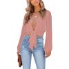 imageLYANER Womens Deep V Neck Tie Front Knot Long Sleeve Sexy Wrap Crop Top Blouse Dusty Pink Medium
