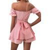imageLYANER Womens Off Shoulder Wrap Tie Up Back Ruffle Short Sleeve Romper Short JumpsuitBaby Pink