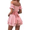 imageLYANER Womens Off Shoulder Wrap Tie Up Back Ruffle Short Sleeve Romper Short JumpsuitBaby Pink