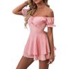 imageLYANER Womens Off Shoulder Wrap Tie Up Back Ruffle Short Sleeve Romper Short JumpsuitBaby Pink