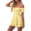 imageLYANER Womens Off Shoulder Wrap Tie Up Back Ruffle Short Sleeve Romper Short JumpsuitBaby Yellow