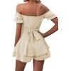 imageLYANER Womens Off Shoulder Wrap Tie Up Back Ruffle Short Sleeve Romper Short JumpsuitBeige