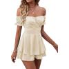 imageLYANER Womens Off Shoulder Wrap Tie Up Back Ruffle Short Sleeve Romper Short JumpsuitBeige