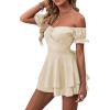 imageLYANER Womens Off Shoulder Wrap Tie Up Back Ruffle Short Sleeve Romper Short JumpsuitBeige