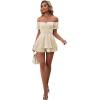 imageLYANER Womens Off Shoulder Wrap Tie Up Back Ruffle Short Sleeve Romper Short JumpsuitBeige