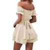 imageLYANER Womens Off Shoulder Wrap Tie Up Back Ruffle Short Sleeve Romper Short JumpsuitBeige