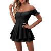 imageLYANER Womens Off Shoulder Wrap Tie Up Back Ruffle Short Sleeve Romper Short JumpsuitBlack