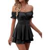 imageLYANER Womens Off Shoulder Wrap Tie Up Back Ruffle Short Sleeve Romper Short JumpsuitBlack