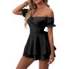 imageLYANER Womens Off Shoulder Wrap Tie Up Back Ruffle Short Sleeve Romper Short JumpsuitBlack